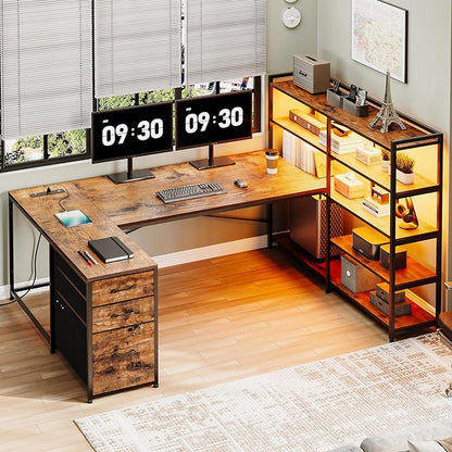 SEDETA L Shaped Desk with Storage Shelves, 64.5" Reversible U Shaped Office Desk with 3 Fabric Drawers, Gaming Desk with Power Outlet & LED Strip for Home Office, Rustic Brown