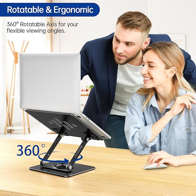 BESIGN Laptop Stand with 360° Rotating Base, Ergonomic Adjustable Notebook Riser, Foldable Computer Holder Compatible with 10-14" Laptops, LS11 Black