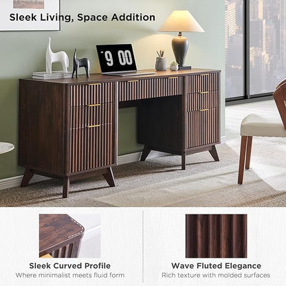 T4TREAM 60'' Fluted Executive Desk with Drawers, Modern Home Office Computer Desk with Charging Station, Keyboard Tray, File Drawer and Storage Cabinet for Study, Living Room, Bedroom, Dark Walnut