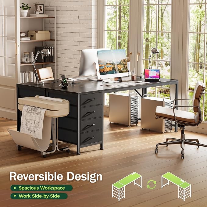 PRAISUN 63 Inch Computer Office Desk with Power Outelts and USB-C Port, Reversible Gaming Desk with 4 Fabric Drawers, Work Study Desk Work from Home, Black