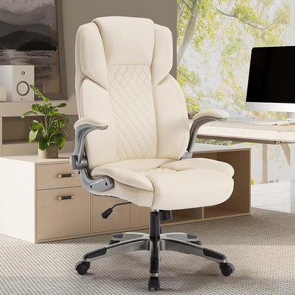 Office Chair with Flip up Arms, Ergonomic PU Leather Executive Office Chairs with Wheels, 90-120° Rocking Office Desk Chair with Lumbar Support, High Back Swivel Home Computer Chairs,Beige
