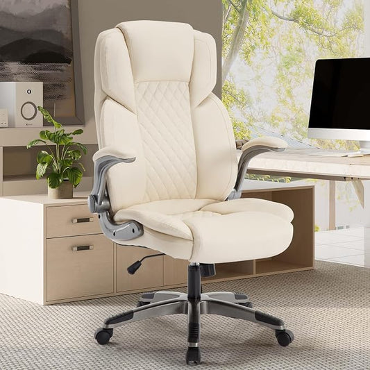 Office Chair with Flip up Arms, Ergonomic PU Leather Executive Office Chairs with Wheels, 90-120° Rocking Office Desk Chair with Lumbar Support, High Back Swivel Home Computer Chairs,Beige