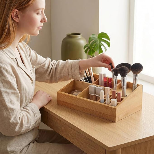 2 Pack Bamboo Art Supply Organizer, Pen Holder Multifunctional Organizer Office Accessory Storage, Desk Organizer for Colored Pencil, Crayon, Paint Brushes, Makeup Organizer