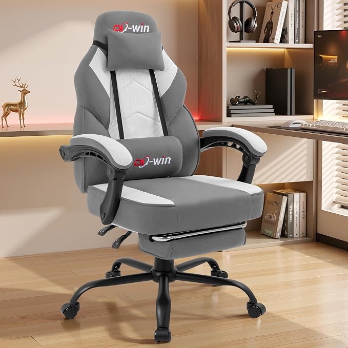 DL-win Gaming Chair for Adults with Footrest & Massage Lumbar Support, Ergonomic High Back Gamer Chair, Adjustable Swivel Computer Gaming Chairs with Headrest and Linkage Armrests,Green (Greige)