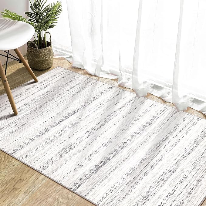 Nakagishi Area Rug Living Room Rugs: 3x5 Soft Machine Washable Boho Neutral Farmhouse Stain Resistant Moroccan Indoor Floor Carpet for Bedroom Nursery Kids Entryway Kitchen Entry Bedside Home- Gray