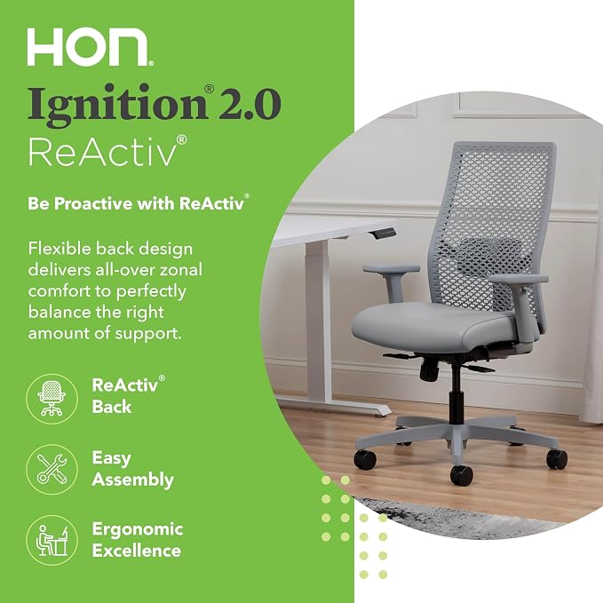 HON Ignition 2.0 ReActiv Ergonomic Office Chair, Mesh Desk Chair with Lumbar Support, Synchro‑Tilt Recline, Height and Width Adjustable Arms, Swivel Wheels, Titanium Frame, Steel