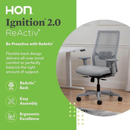 HON Ignition 2.0 ReActiv Ergonomic Office Chair, Mesh Desk Chair with Lumbar Support, Synchro‑Tilt Recline, Height and Width Adjustable Arms, Swivel Wheels, Titanium Frame, Steel