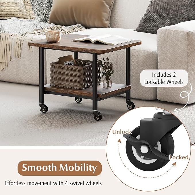 GOFLAME Under Desk Printer Stand, 2-Tier Industrial Mobile Printer Table with Storage Shelf, Metal Frame, Rolling Printer Cart Holder Storage Rack with Lockable Wheels for Home Office, Brown