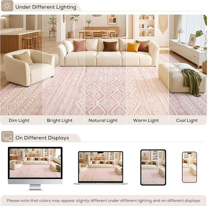 Nakagishi Area Rug Living Room Rugs: 6x9 Large Soft Machine Washable Boho Moroccan FarmNeutral Stain Resistant Indoor Floor Carpet for Bedroom Under Dining Table Home Office Decor-Pink