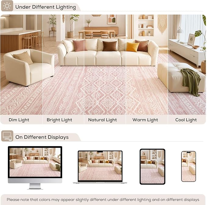 Nakagishi Area Rug Living Room Rugs: 10x14 Large Soft Machine Washable Boho Moroccan FarmNeutral Stain Resistant Indoor Floor Carpet for Bedroom Under Dining Table Home Office Decor-Pink