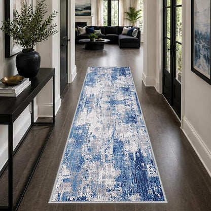 RELEANY Washable Area Rugs 2'x10' Non-Slip Modern Abstract Soft for Living Room Entryway Bedroom Kitchen, Print Pattern, Blue Grey Navy Gray