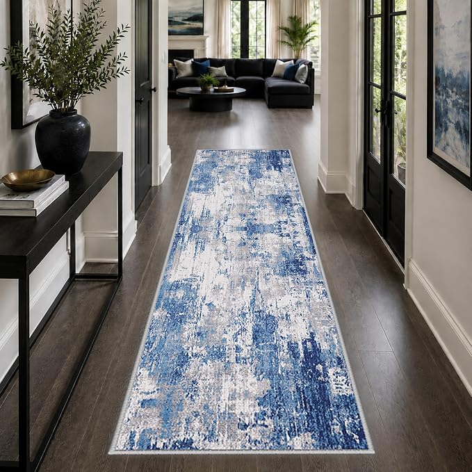 RELEANY Washable Area Rugs 2'x8' Non-Slip Modern Abstract Soft for Living Room Entryway Bedroom Kitchen, Print Pattern, Blue Grey Navy Gray
