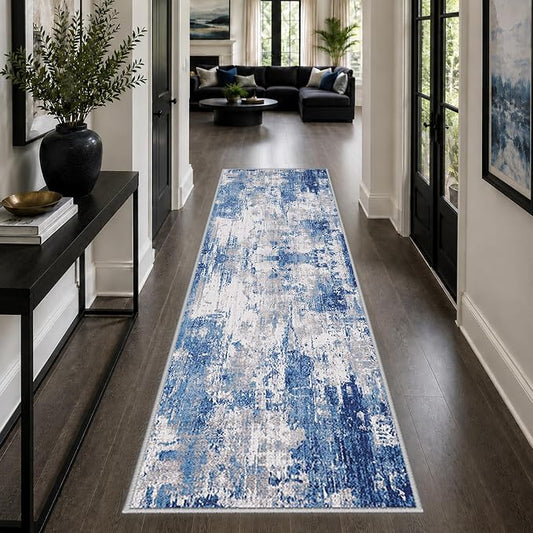 RELEANY Washable Area Rugs 2'x8' Non-Slip Modern Abstract Soft for Living Room Entryway Bedroom Kitchen, Print Pattern, Blue Grey Navy Gray