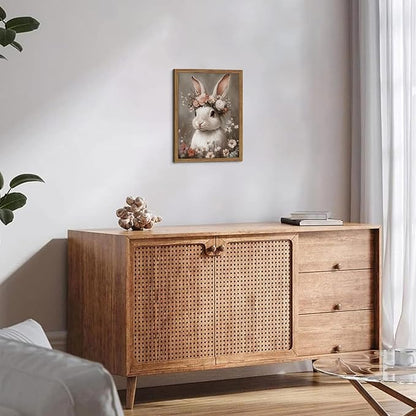 Framed Vintage Easter Bunny Wall Art, White Bunny with Flower Crown Canvas Prints, Cottage Farmhouse Animal Artwork, Rustic Easter Wall Decor for Kids Room Girls Bedroom Living Room 12x16in