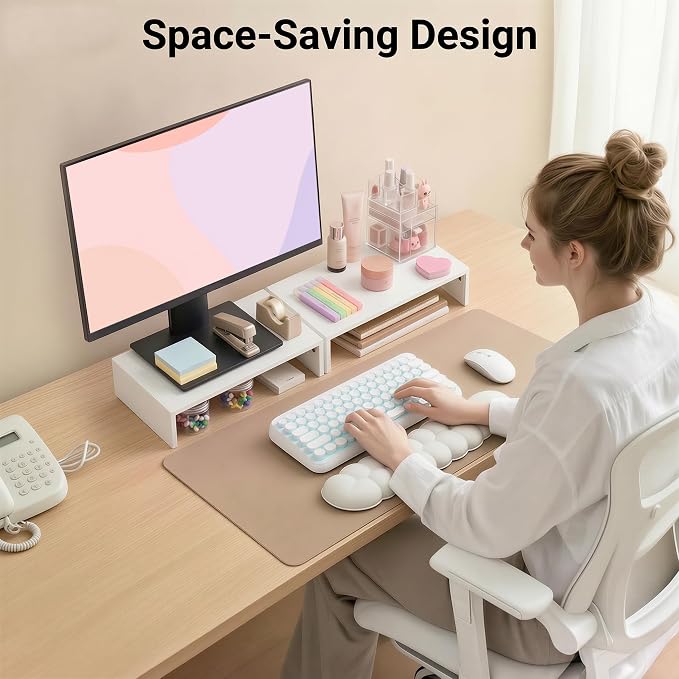 BONTEC Monitor Stand Riser with Cellphone Holder & Cable Management, 16.7 Inch Wood Monitor Riser Stand, Desktop Stand for PC/TV/Laptop/Printer, White