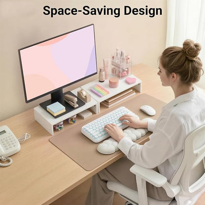 BONTEC Monitor Stand Riser with Cellphone Holder & Cable Management, 16.7 Inch Wood Monitor Riser Stand, Desktop Stand for PC/TV/Laptop/Printer, White