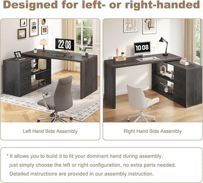HSH L Shaped Office Desk with Drawers Shelves 55-76 Inch, Corner Computer Desk with Storage 360 Rotating Long for Work, Executive, Study, Writing, Teacher, Bedroom Modern Gaming Table, Dark Grey