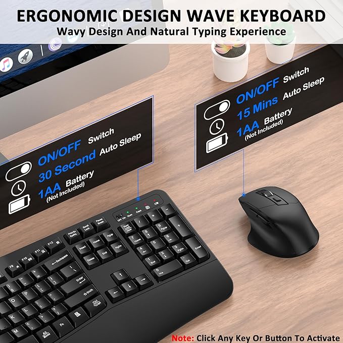 Wireless Keyboard and Mouse Combo, Ergonomic Wave Keys (Black) | 2.4G Full Size Wave Keyboard with Wrist Rest, 3-Level DPI Adjustable Ergonomic Mouse for Windows and Mac OS Desktop/Laptop/PC
