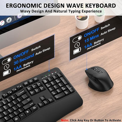 Wireless Keyboard and Mouse Combo, Ergonomic Wave Keys (Black) | 2.4G Full Size Wave Keyboard with Wrist Rest, 3-Level DPI Adjustable Ergonomic Mouse for Windows and Mac OS Desktop/Laptop/PC