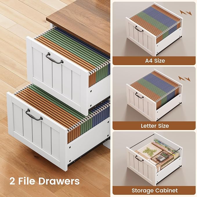 SEDETA Farmhouse L Shaped Desk with Drawers, 63" Office Desk with File Drawers, Wood Corner Computer Desk with Storage, Home Office Desk with Monitor Stand and Storage Cabinet, Walnut and White