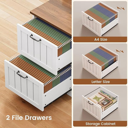SEDETA Farmhouse L Shaped Desk with Drawers, 63" Office Desk with File Drawers, Wood Corner Computer Desk with Storage, Home Office Desk with Monitor Stand and Storage Cabinet, Walnut and White