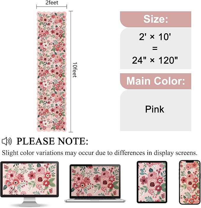 DUKINO 2x10 Runner Rug for Hallway, Washable Kitchen Rug with Non Slip Backing & Non-Shediing, Soft Low Pile Floral Design Runner for Bedroom, Kithchen, Living Room, Laundry, Bathroom, Pink