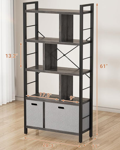 Armocity Bookshelf with Drawers - 5 Tier Tall Bookcase Geometric Modern Book Shelf Display Standing Bookshelves with Storage for Living Room, Bedroom Home Office, Grey Oak