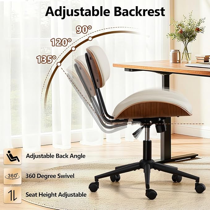 Home Office Chair with Wheels, Adjustable Height Leather Swivel Desk Computer Chair, Armless Modern Walnut Chair for Office, Meeting Room, White