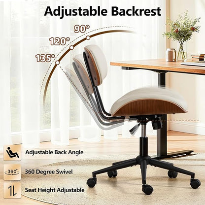 Home Office Chair with Wheels, Adjustable Height Leather Swivel Desk Computer Chair, Armless Modern Walnut Chair for Office, Meeting Room, White