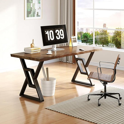 55 Inch Real Wood Desk for Home Office, Solid Pine Writing Desk with Natural Live Edge, Rustic Computer Desk with Industrial Metal Legs, Large Workstation Table for Study, Gaming and Dining