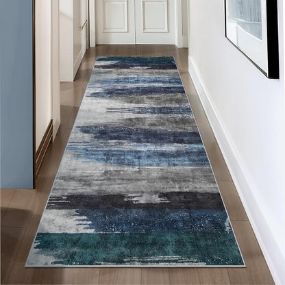 Ciicool 2'6"x10' Washable Runner Rug, Modern Abstract Hallway Rugs Runner, Non-Slip Thin Accent Rug Lightweight Navy Grey Print Distressed Carpet for Laundry Entryway Bedroom Kitchen Indoor