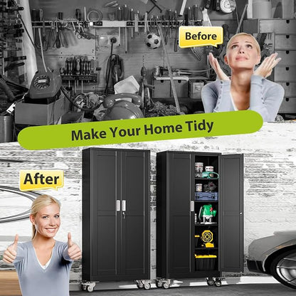 Metal Garage Storage Cabinet with Wheels, 61" H x 27.6" W x 13.8" D, Lockable Rolling Steel Tool Cabinet with Adjustable Shelves, Heavy Duty Garage Cabinet for Workshop, Basement, Home, Black