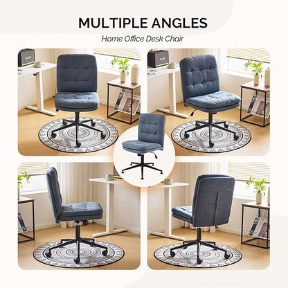 VINGLI Mid Back Armless Office Desk Chair with Wheels/no Wheels,360°Rocking Swivel Vanity Chair with Thickened Cushion,Adjustable Height Rolling for Reading Room, Make up, Linen Navy Blue