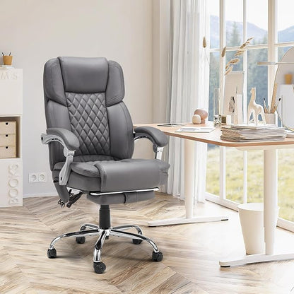 HOMREST 6-Point Massage Office Chair with Heat, Executive Office Chair with Footrest, Leather Computer Desk Chair with 135°Reclining Backrest for Home Office, Grey
