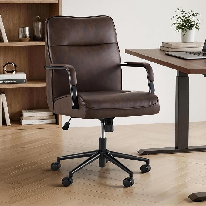 KISLOT Ergonomic Home Office Chair with Lumbar Support, Adjustable Swivel Modern Desk Chair with Wheels, Faux Leather Computer Chair with Padded Arms, Comfy Executive Office Chair, 2 PCS, Espresso