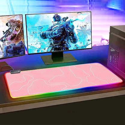 Pink RGB Mouse Pad LED Desk Mat Large Gaming Mousepad Pink and White Line Design, Keyboard Pad XL Mouse Mat for Home and Office