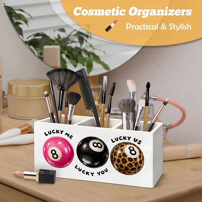Trendy Retro 8 Ball Pen Holder Organizer for Desk Accessories, Girly Office Decor, Funky Preppy Y2K Lucky Me Lucky 8 Ball Wooden Box Sign Desk Decorations for Girls Room Bedroom Dorm Decor