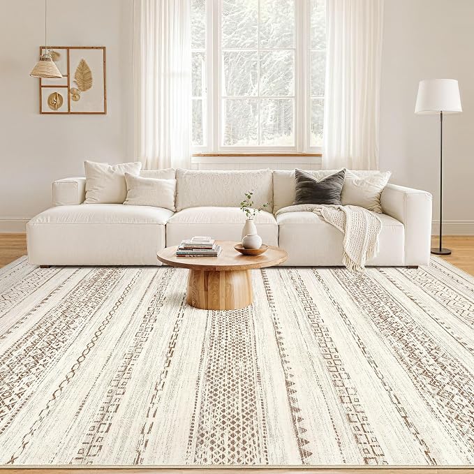 Nakagishi 7x10 Area Rug Living Room: Washable Boho Large Neutral Modern Soft Farmhouse Rugs Stain Resistant Indoor Floor Non-Slip Carpet for Bedroom Nursery Kids Playroom Office Dining Room- Brown