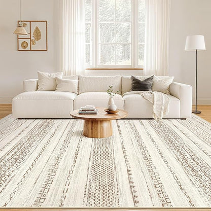 Nakagishi 7x9 Area Rug Living Room: Washable Boho Large Neutral Modern Soft Farmhouse Rugs Stain Resistant Indoor Floor Non-Slip Carpet for Bedroom Nursery Kids Playroom Office Dining Room- Brown