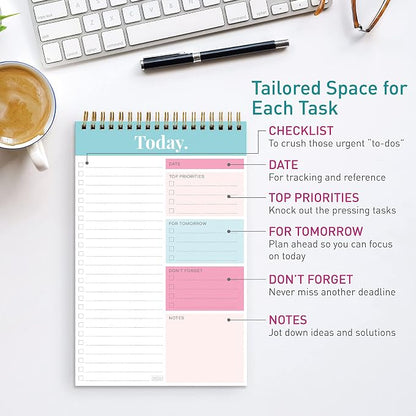 S&O Daily Planner Notepad for Productivity - 52 Page Routine To Do List - Undated Writing pad and Organizer - Every day To Do List Scheduler- Coiled Task Organizer - Regular calendar Planner - TEAL