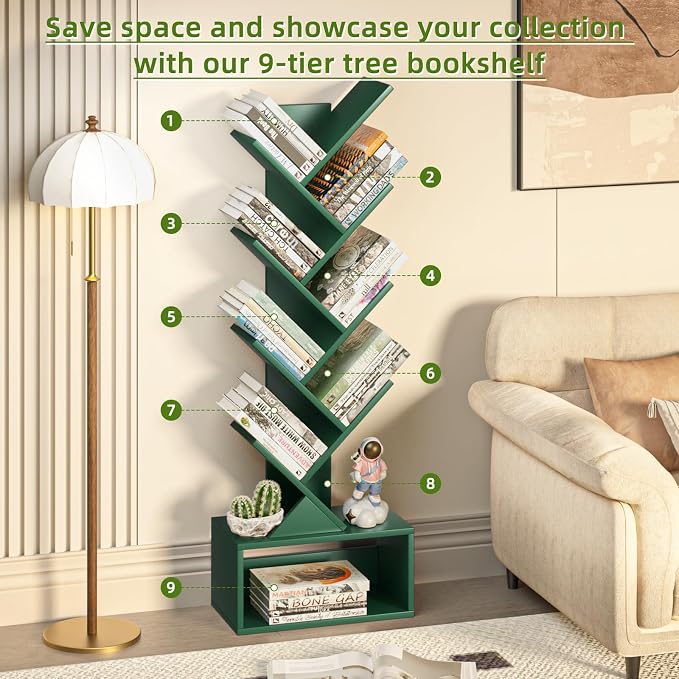 SHEEPAM 9 Tier Tree Bookshelf,Christmas Green Bookcase for Narrow Space, Storage Organizer Floor Standing Bookshelves for Books, Tall Book Case for Home Office, Living Room, Bedroom