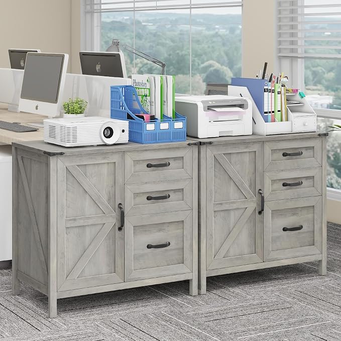 Halitaa Lateral File Cabinet with 3 Drawers, Farmhouse File Cabinet for Letter/A4 Size Hanging Files, Large Wood File Storage Cabinets Printer Stand for Home Office Furniture, Grey