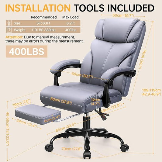 HeroSet Big and Tall Office Chair with Foot Rest, 400lbs Ergonomic Reclining High Back Executive Leather Chair, Lumbar Support Swivel Computer Desk Chairs for Heavy People Home Office Gaming(Gray)