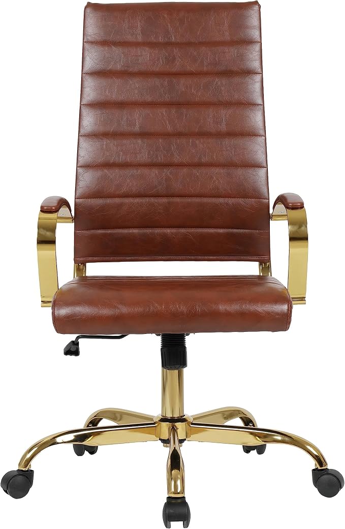 LeisureMod Modern High-Back Leather Office Chair - Swivel & Adjustable Executive Desk Chair with Gold Frame, Ergonomic Design for Home & Office (Brown, Single)