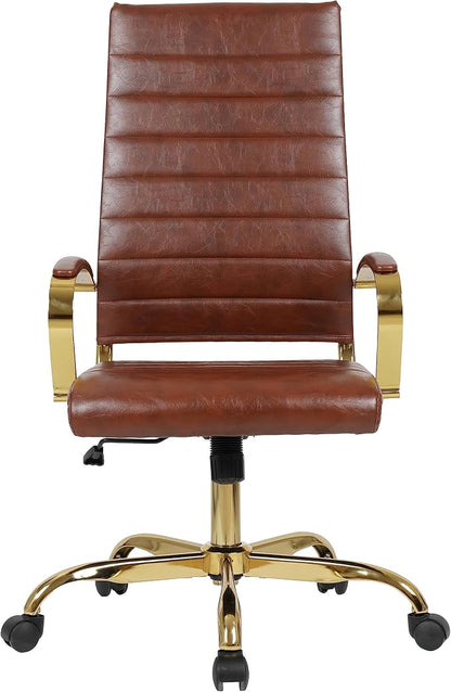 LeisureMod Modern High-Back Leather Office Chair - Swivel & Adjustable Executive Desk Chair with Gold Frame, Ergonomic Design for Home & Office (Brown, Single)