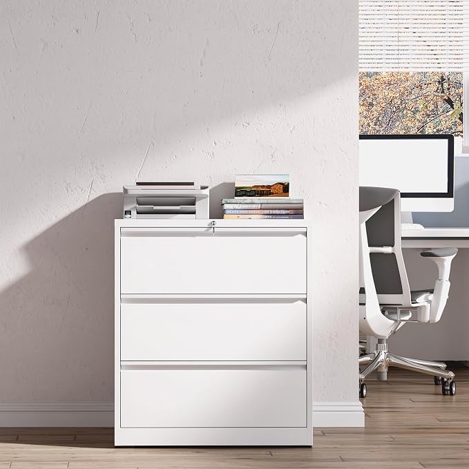 3 Drawer File Cabinet with Lock, White Metal Lateral Filing Cabinets for Home Office, Heavy Duty Steel Horizontal Locking Storage Cabinet for Legal/Letter/A4 Size File, Assembly Required