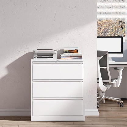 3 Drawer File Cabinet with Lock, White Metal Lateral Filing Cabinets for Home Office, Heavy Duty Steel Horizontal Locking Storage Cabinet for Legal/Letter/A4 Size File, Assembly Required