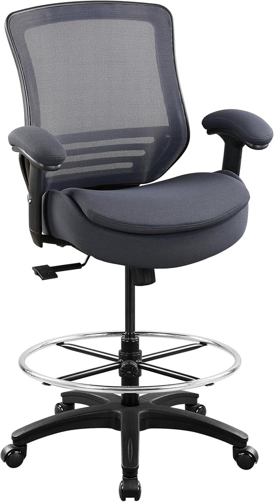 400lbs Office Drafting Chair Wide Dual Seat Cushion Height Adjustable Armrest for High Standing Desk with Lumbar Support and Enlarged Adjustable Footrest (Black Frame Gray Fabric)