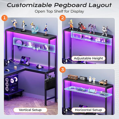 PRAISUN L Shaped Gaming Desk with LED Lights & Power Outlets, Reversible Computer Desk with Storage Shelves & Bag, Large Corner Home Office Desk with Pegboard for Work from Home, Black