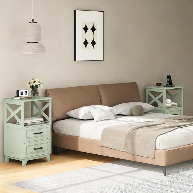 RoyalCraft 30" Tall Nightstand, Modern Painted Bedside Table with 2 Drawers and Open Shelf, Wood Side Table for Bedroom, Home Office, Green-Open Shelf Above, Set of 2